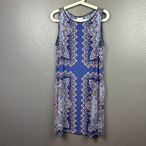 J.Jill Majestic Purple Blue Paisley Boat Neck Pockets Dress Size Medium Petite